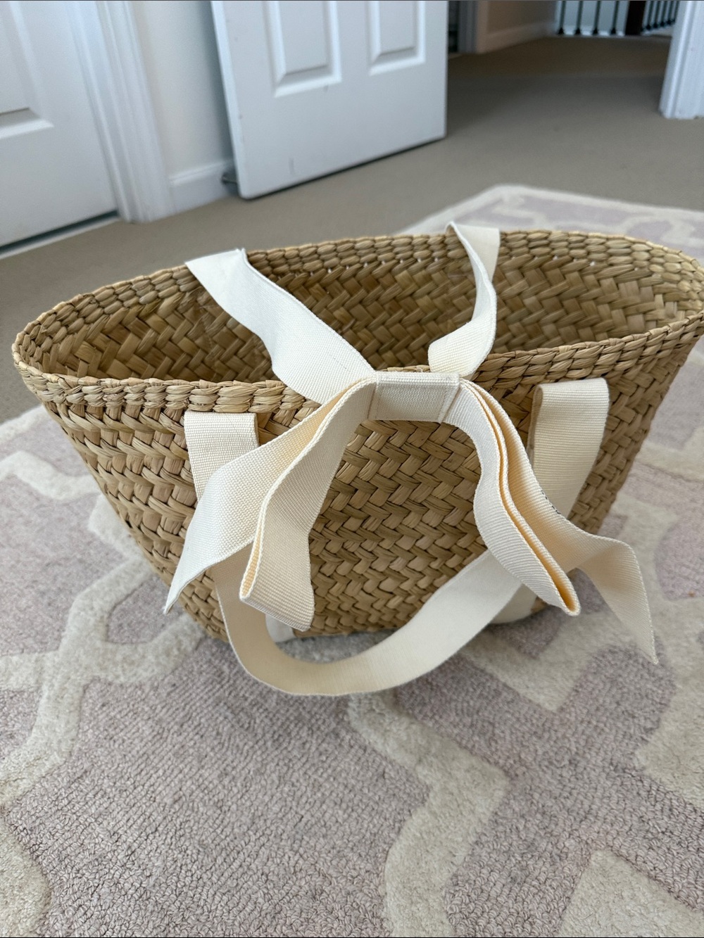J. Crew Woven Straw Tote with Cream Ribbon Handles
